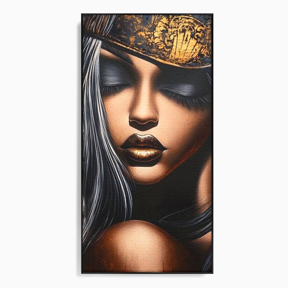 Tablou canvas cu tablou canvas cu femeie si coroana aurie, in rama de aluminiu negru
